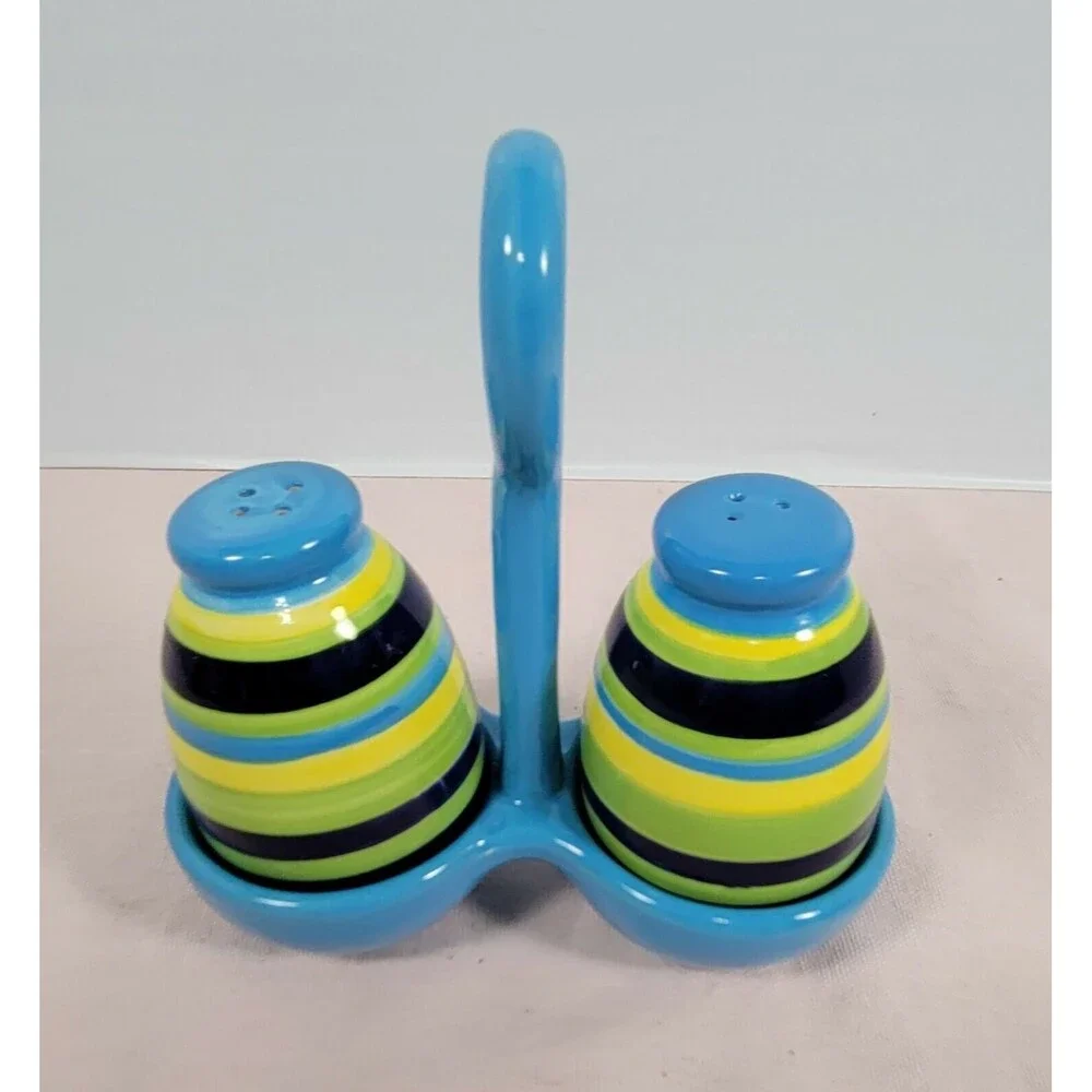 Ceramic Salt & Pepper Shakers with Holder- Blue green yellow multicolor
